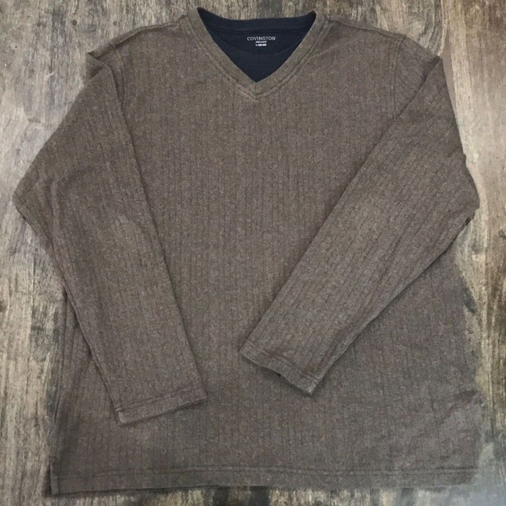Covington Mens Mock Crew Neck Ribbed Sweater/Top, Large, Heather Brown & Blk